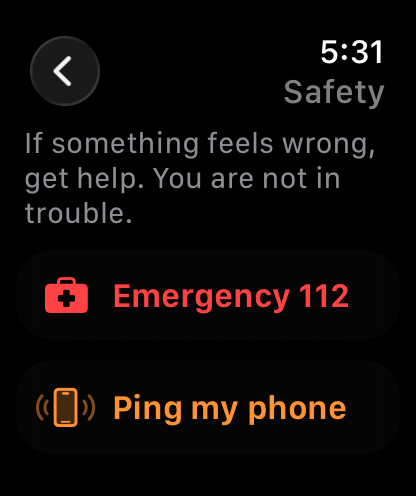 The watch app's Safety screen, offering an emergency call and a way to ping your phone.